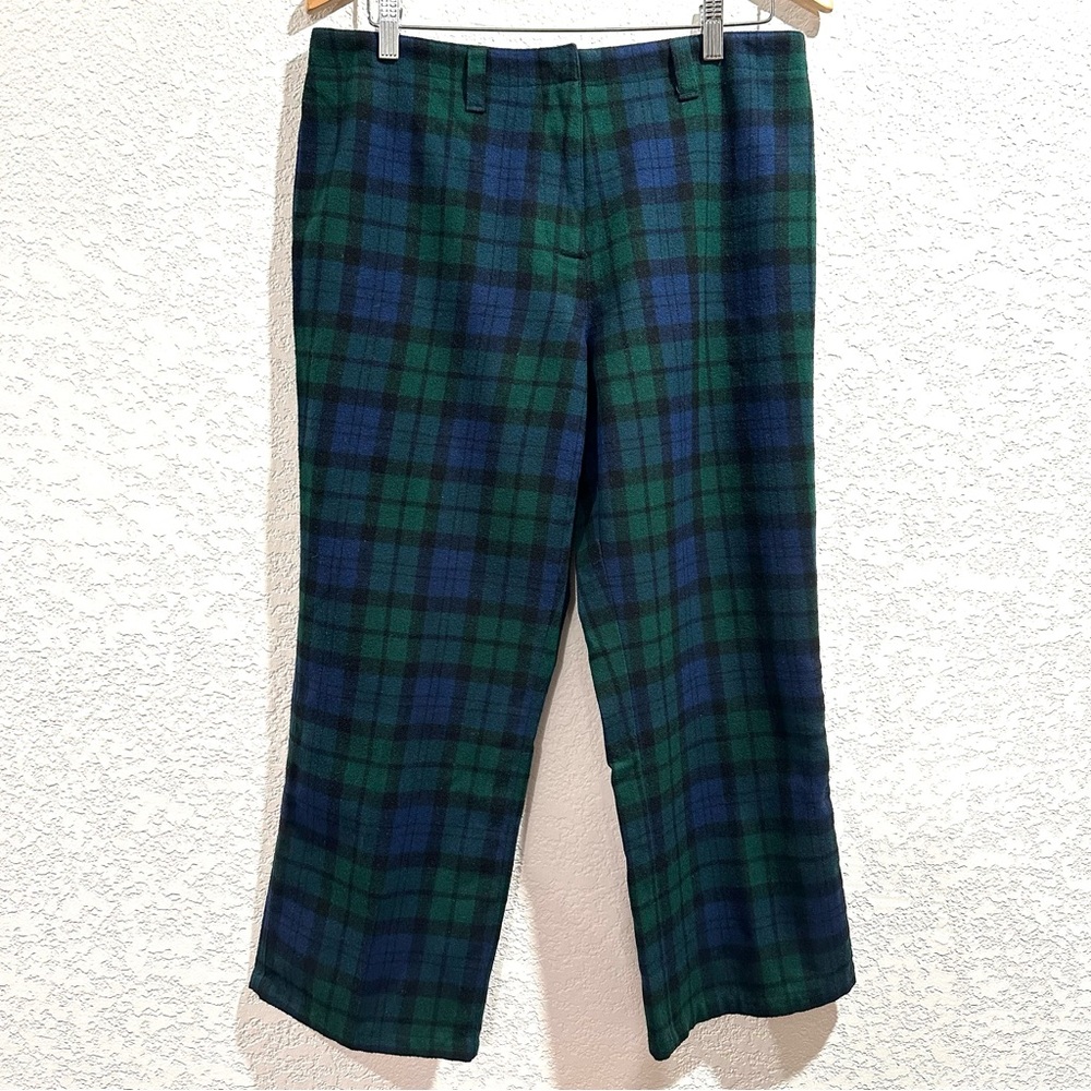 Vintage DKNY Wool Blend Green Blue Plaid Ankle Length Pants Dark Academia Preppy